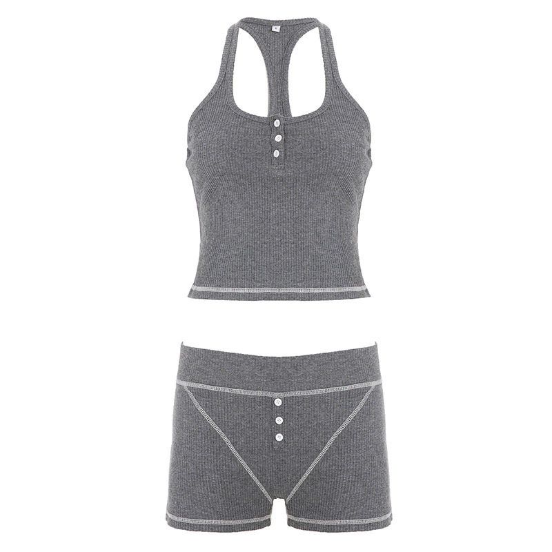 European and American Style Casual Ribbed Solid Color Sports Set U-Neck Buttoned Tank Top Reverse Stitching High-Waisted Shorts Two-Piece Set Gray S
European and American Style Casual Ribbed Solid Color Sports Set U-Neck Buttoned Tank Top Reverse Stitching High-Waisted Shorts Two-Piece Set Gray S