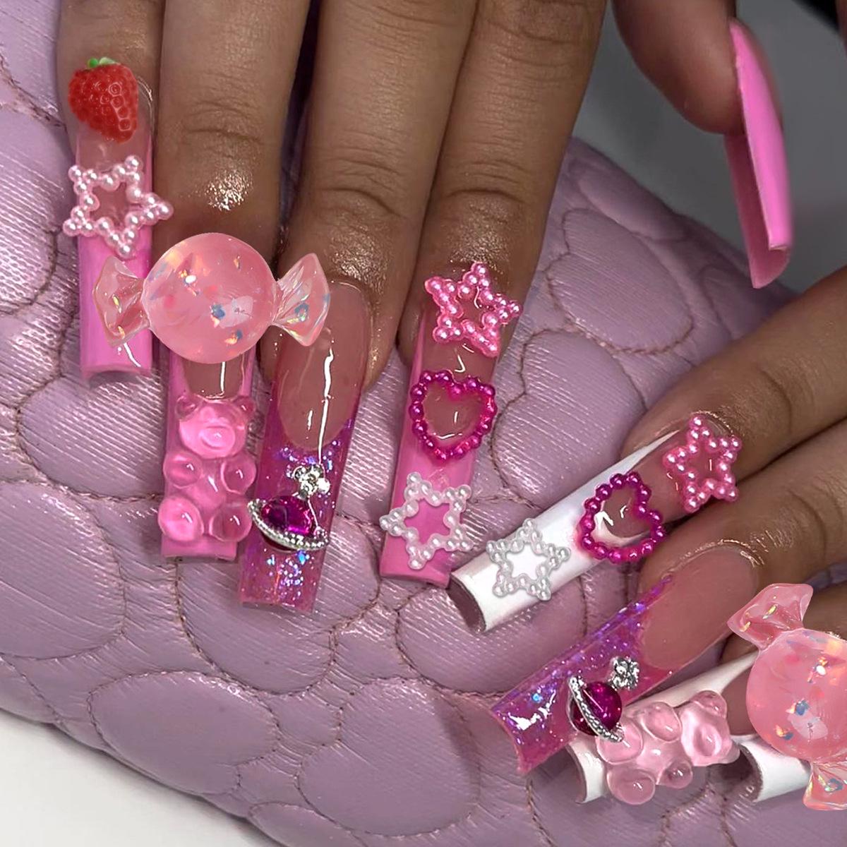Hot-Selling Extra Long Handmade Wearable Nails with French Edge and Pearl Candy Heart Design
Hot-Selling Extra Long Handmade Wearable Nails with French Edge and Pearl Candy Heart Design