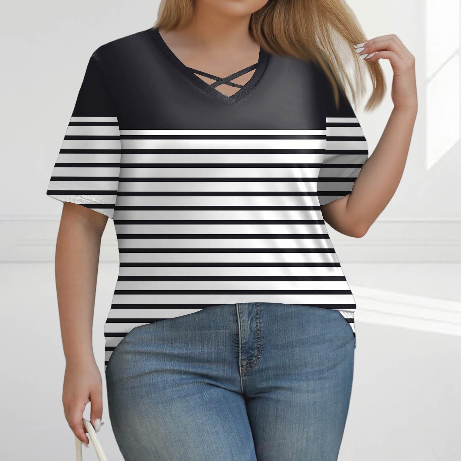 Жіноча мода Повсякденна однотонна футболка з принтом у смужку з V-подібним вирізом та коротким рукавом великого розміру L чорний
Жіноча мода Повсякденна однотонна футболка з принтом у смужку з V-подібним вирізом та коротким рукавом великого розміру L чорний