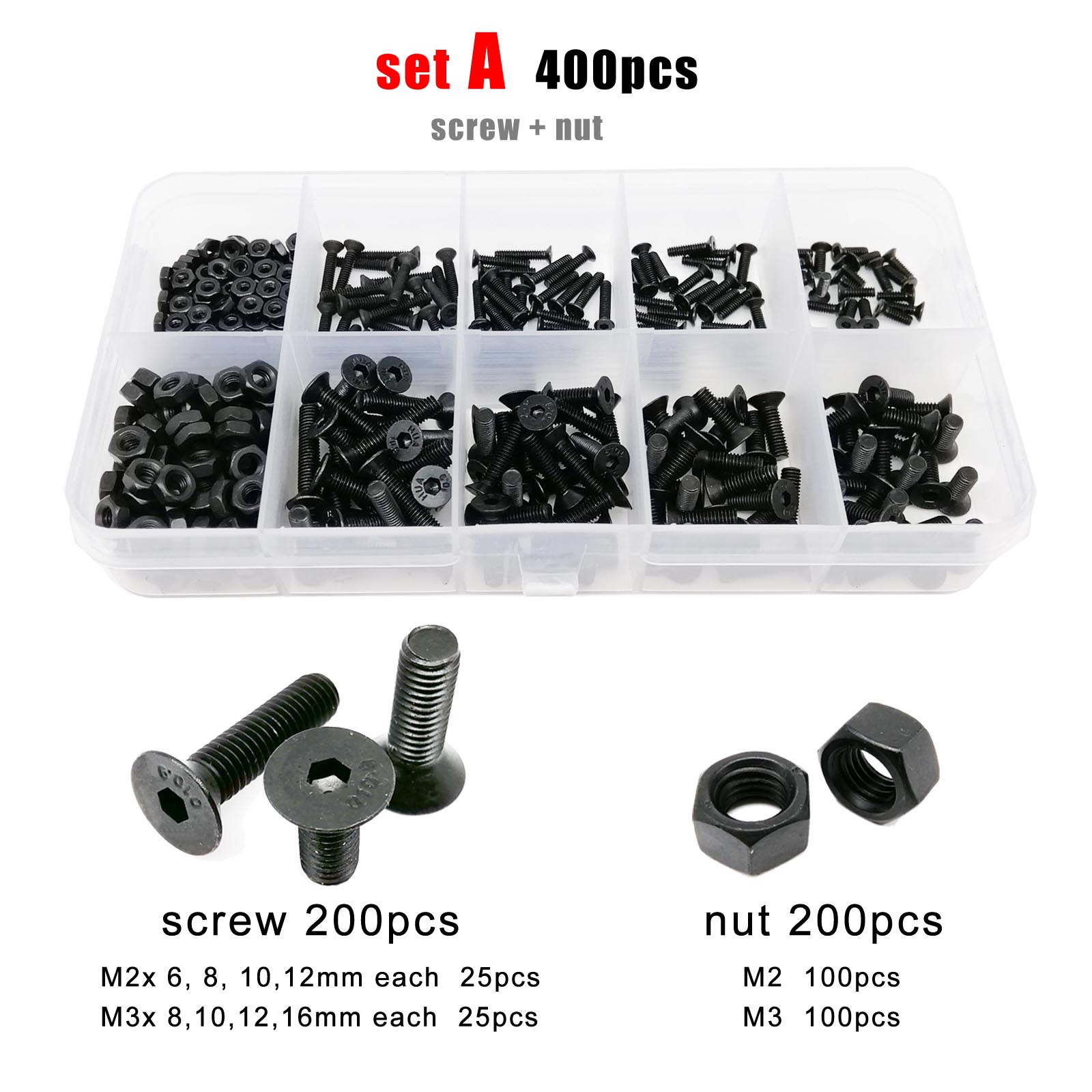 400/2100 шт. M1.6 M2 M2.5 M3 M4 M5 Черная сталь класса 10.9 Винт с шестигранной головкой под шестигранник, плоской потайной головкой, болт, гайка, набор шайб
400/2100 шт. M1.6 M2 M2.5 M3 M4 M5 Черная сталь класса 10.9 Винт с шестигранной головкой под шестигранник, плоской потайной головкой, болт, гайка, набор шайб