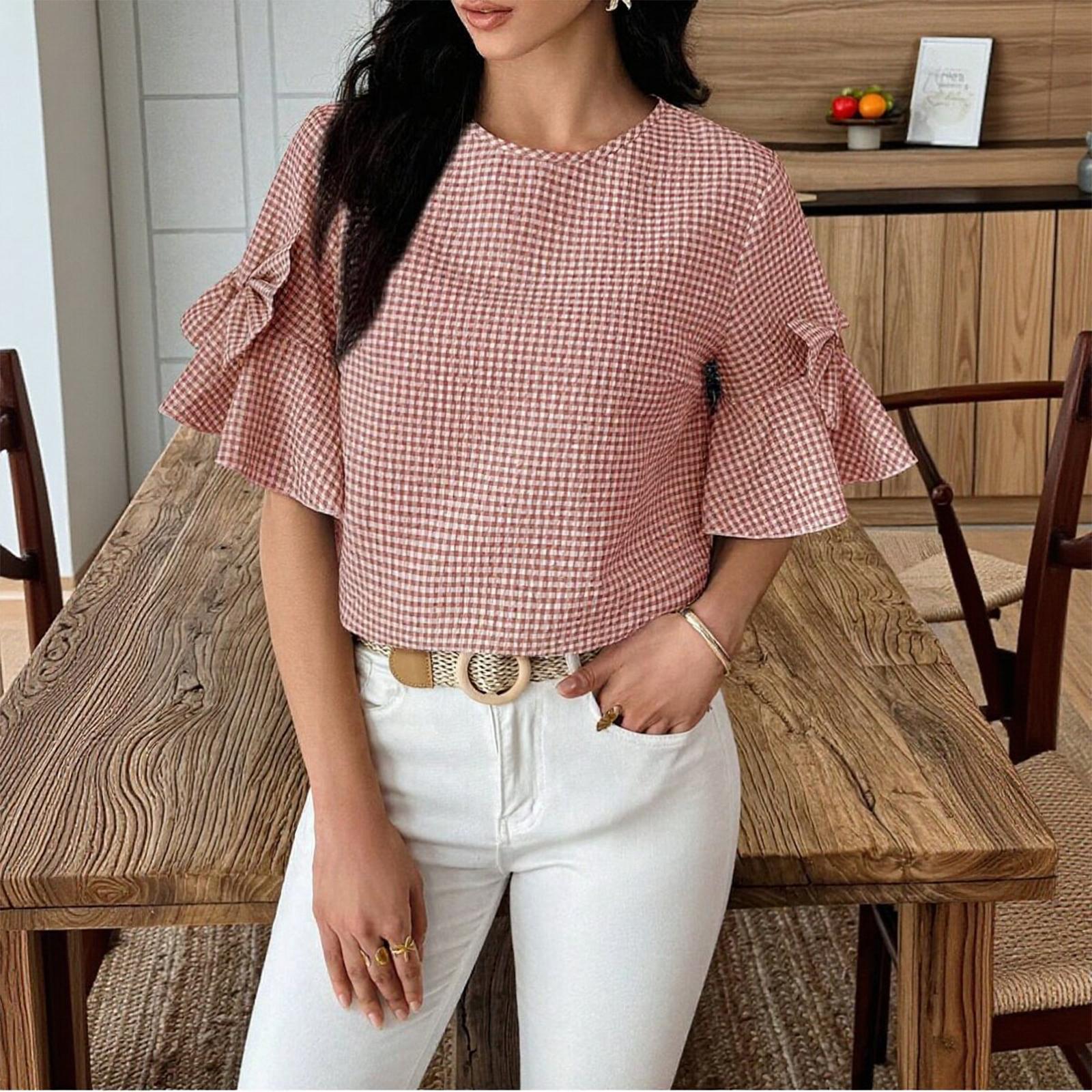 Women Casual Bowknot Decoration Plaid Round Neck Five-Sleeve Top Lightweight Loose Fit Shirt for Daily Wear M
Women Casual Bowknot Decoration Plaid Round Neck Five-Sleeve Top Lightweight Loose Fit Shirt for Daily Wear M