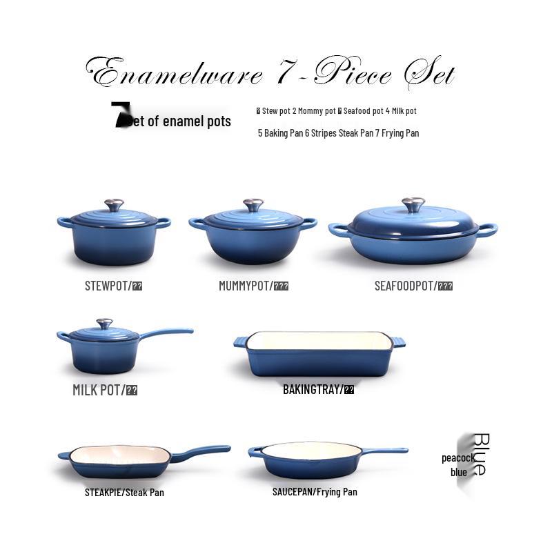 Enamel Cast Iron Cookware Set: Stew Pot, Seafood Pot, Milk Pot, Striped Steak Pan, Frying Pan, Multi-Purpose Pot. 7-piece set
Enamel Cast Iron Cookware Set: Stew Pot, Seafood Pot, Milk Pot, Striped Steak Pan, Frying Pan, Multi-Purpose Pot. 7-piece set