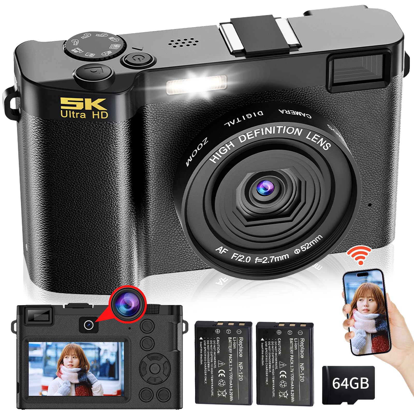 Moledro WIFI transfer function Digital camera that can be sent to smartphone 5K 64 million pixels Dual lens 64GB micro SD card included 18x digital
Moledro WIFI transfer function Digital camera that can be sent to smartphone 5K 64 million pixels Dual lens 64GB micro SD card included 18x digital