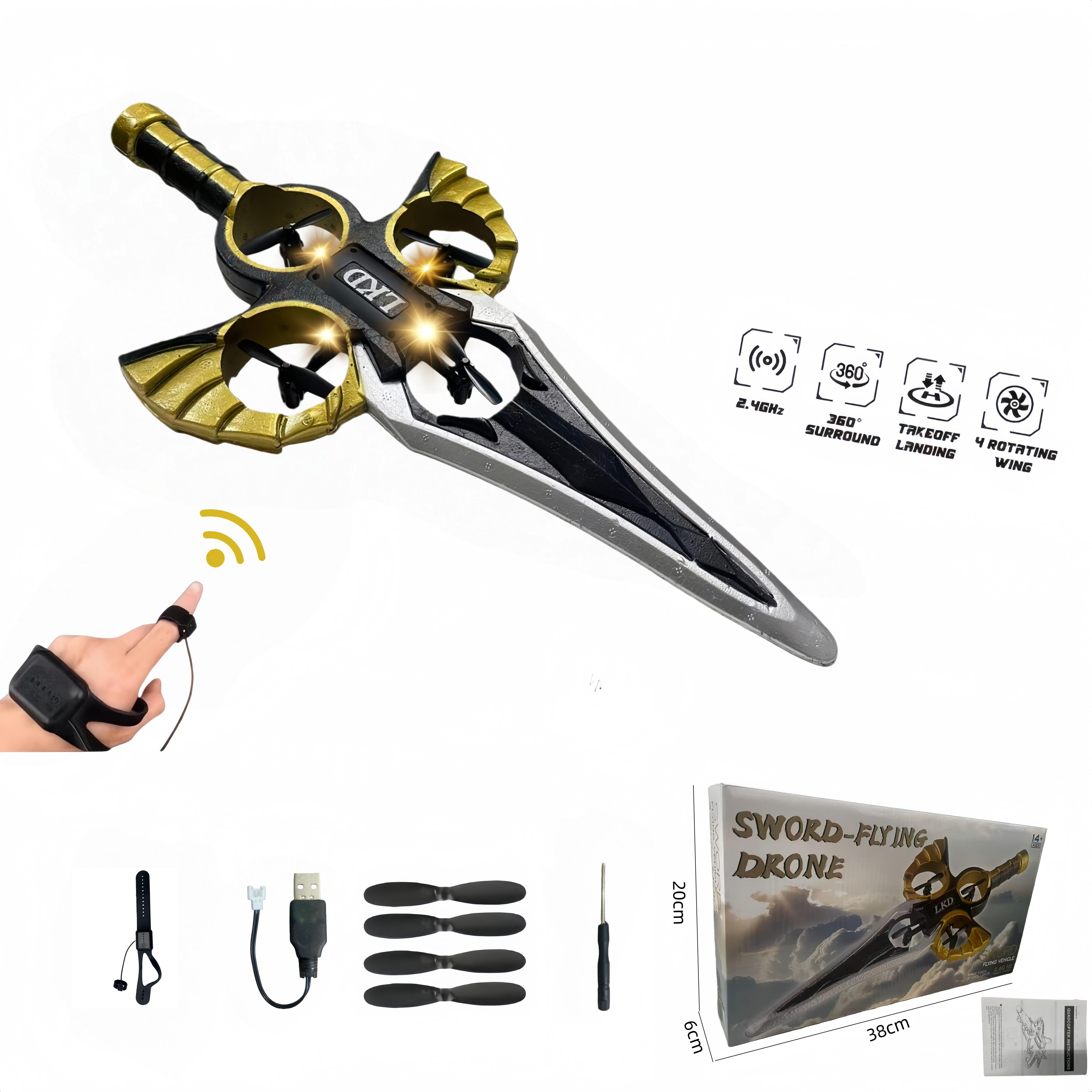 2.4G remote-controlled flying sword - 4-axis flying sword with light display, wristwatch control for special sword shape
2.4G remote-controlled flying sword - 4-axis flying sword with light display, wristwatch control for special sword shape