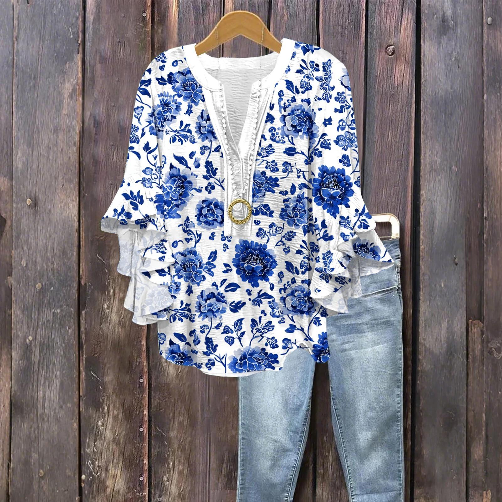 Жіноча модна блузка на ґудзиках з V-подібним вирізом та рукавами сім восьмих з оборками, топ з квітковим принтом XXL
Жіноча модна блузка на ґудзиках з V-подібним вирізом та рукавами сім восьмих з оборками, топ з квітковим принтом XXL