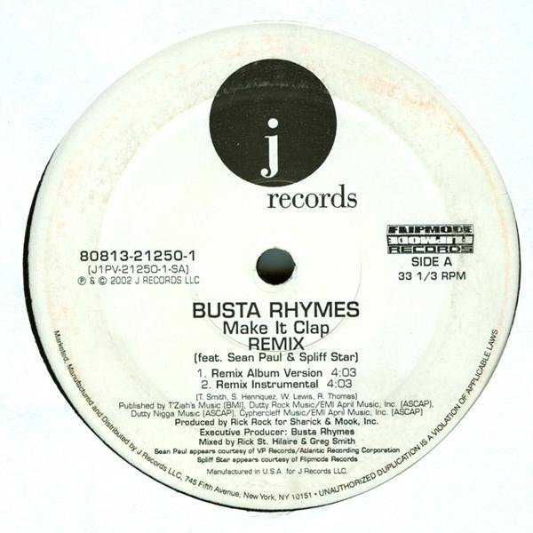 12-дюймовая пластинка BUSTA RHYMES, SEAN PAUL & SPLIFF ST - Make It Clap (Ремикс) 80813212501 J Records, Flip 2002 США Рэп и Хип-Хоп/R&B Б/У
12-дюймовая пластинка BUSTA RHYMES, SEAN PAUL & SPLIFF ST - Make It Clap (Ремикс) 80813212501 J Records, Flip 2002 США Рэп и Хип-Хоп/R&B Б/У