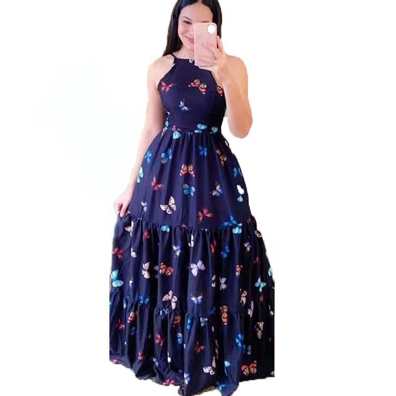 Элегантное платье с принтом на весну/лето 2025 года с открытыми плечами и халтером - Европейский и американский приталенный крой, длинная юбка-клёш. XL