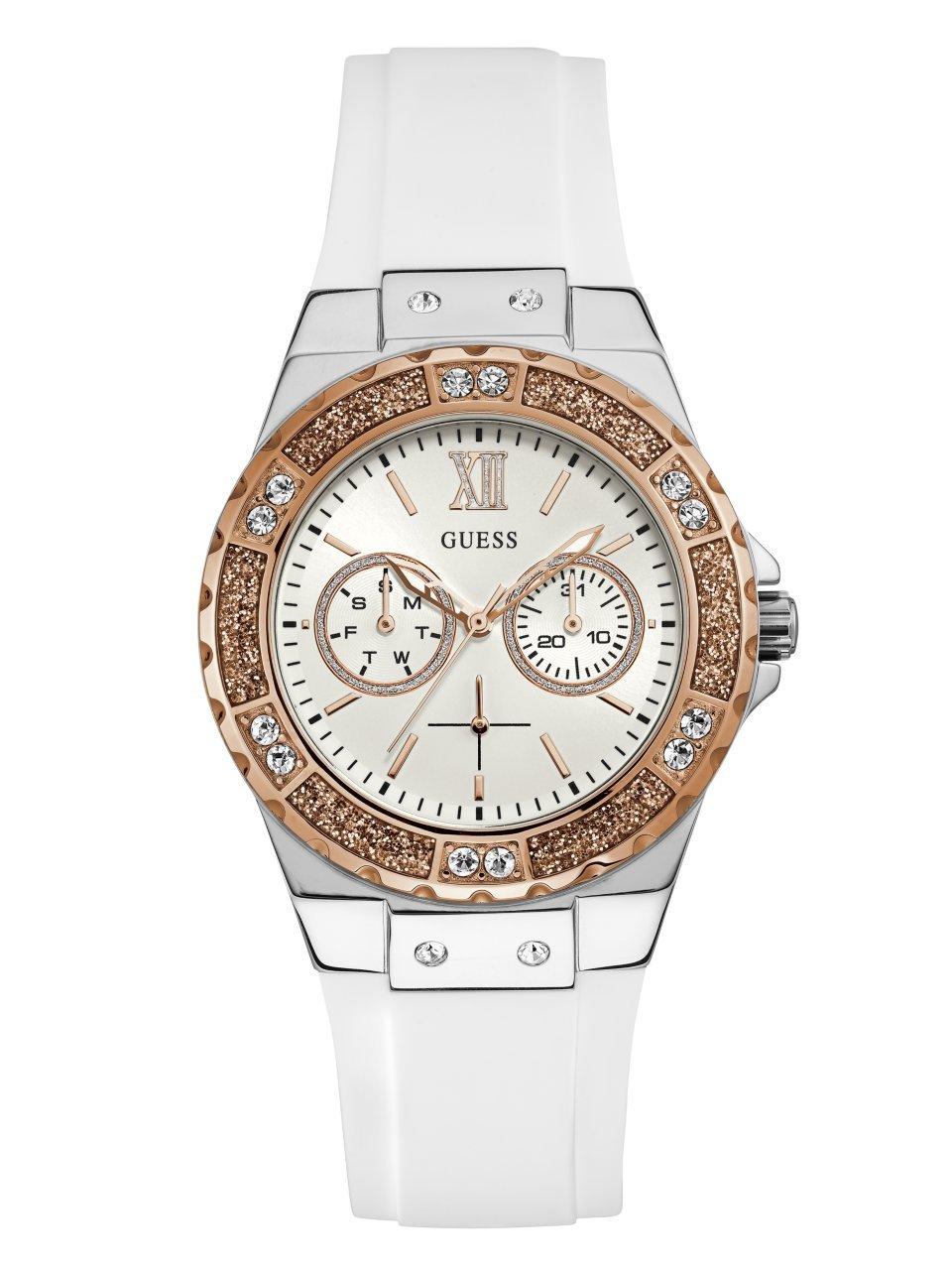 GUESS Stainless Steel Silicone Watch with Day Date Functions Women s + Stain-Resistant + (White/Silver/Rose Gold)
GUESS Stainless Steel Silicone Watch with Day Date Functions Women s + Stain-Resistant + (White/Silver/Rose Gold)