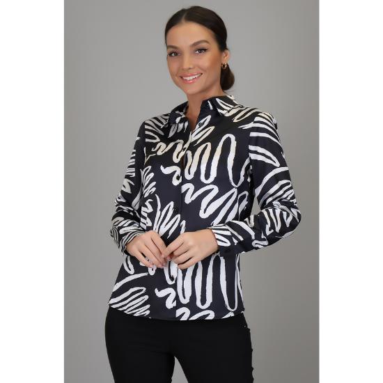 Женская рубашка с длинным рукавом из лайкры и атласа с черно-белым рисунком DK 1001 S чёрный
Женская рубашка с длинным рукавом из лайкры и атласа с черно-белым рисунком DK 1001 S чёрный