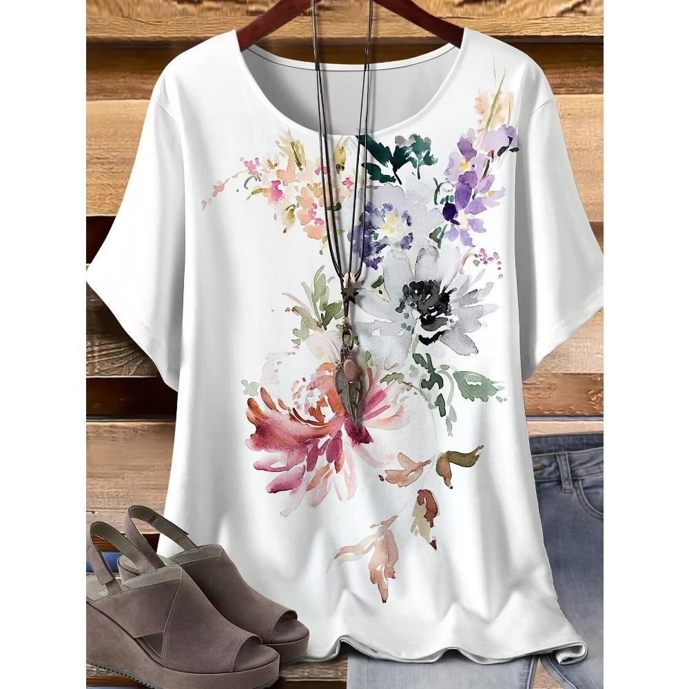 White Watercolor Flower Print T-Shirt, Women s Casual Loose Short Sleeve Crew Neck Top, Plus Size Summer Floral Blouse S
White Watercolor Flower Print T-Shirt, Women s Casual Loose Short Sleeve Crew Neck Top, Plus Size Summer Floral Blouse S