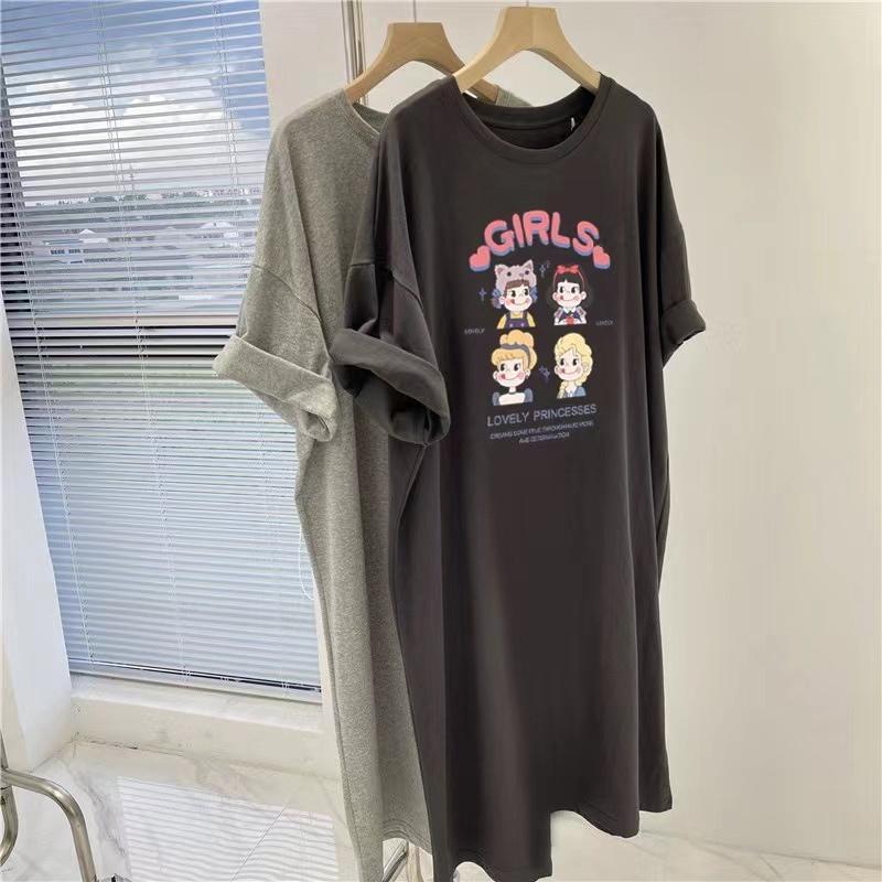 Свободного кроя футболка с короткими рукавами и круглым вырезом большого размера, юбка, длинное летнее платье нового стиля для отдыха, женская ночная рубашка длиной до колена 4XL темно серый