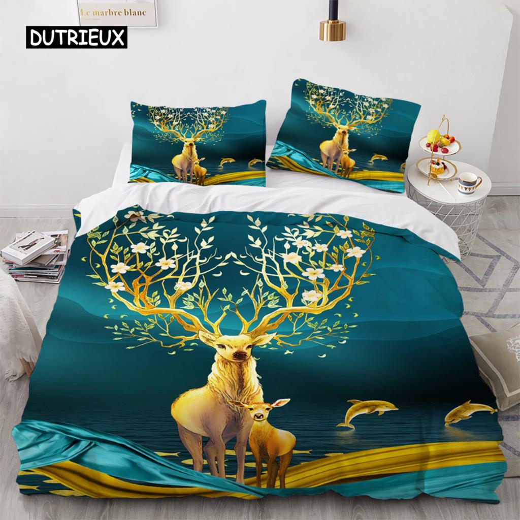 Пододеяльник с изображением оленя, размер King Queen, комплект постельного белья с рисунком золотого оленя для подростков и взрослых, пододеяльник с наволочкой EU single(135x200cm)