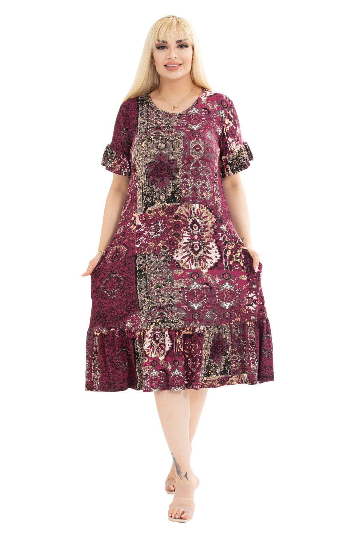 Women s Big Size Dress Burgundy Ethnic Pattern Dress with Ruffle Detail on Sleeves and Skirt
Women s Big Size Dress Burgundy Ethnic Pattern Dress with Ruffle Detail on Sleeves and Skirt