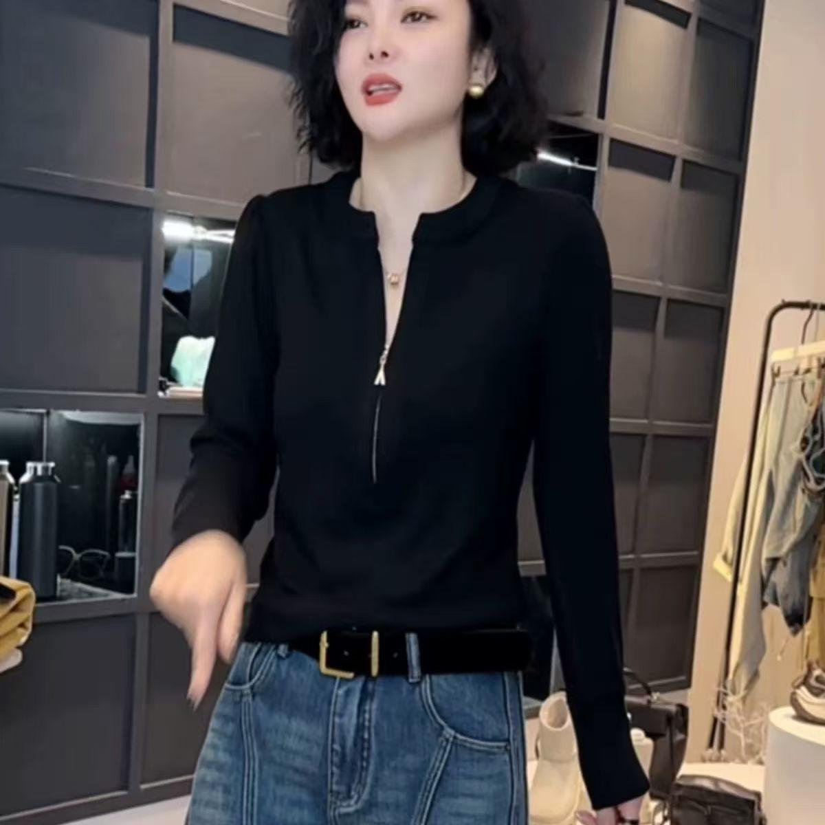 Трендовая трикотажная футболка-кардиган с полувысоким воротником 2025 - Эластичная, Сексуальная, Стройнящая, Женский топ больших размеров XL (120-135 jin) чёрный
Трендовая трикотажная футболка-кардиган с полувысоким воротником 2025 - Эластичная, Сексуальная, Стройнящая, Женский топ больших размеров XL (120-135 jin) чёрный