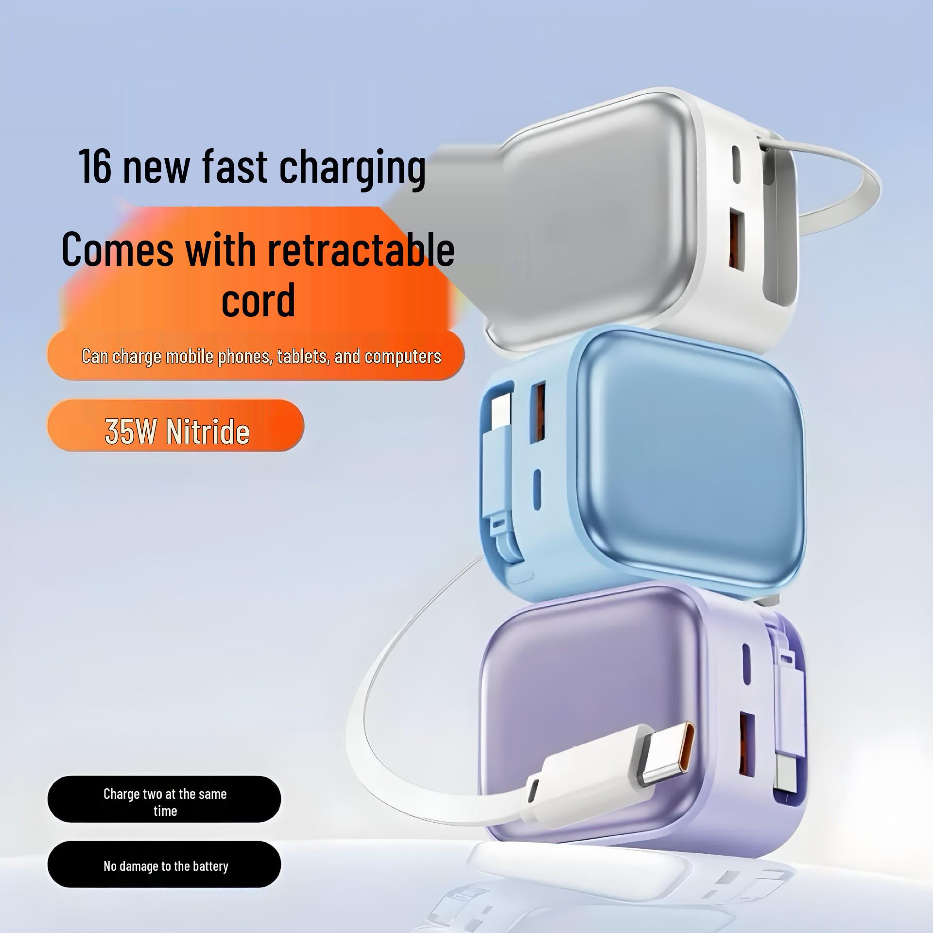 GaN Multi-Port A+C Charger with Retractable Cable for Apple Devices Silver 35W A+C GaN Charger
GaN Multi-Port A+C Charger with Retractable Cable for Apple Devices Silver 35W A+C GaN Charger