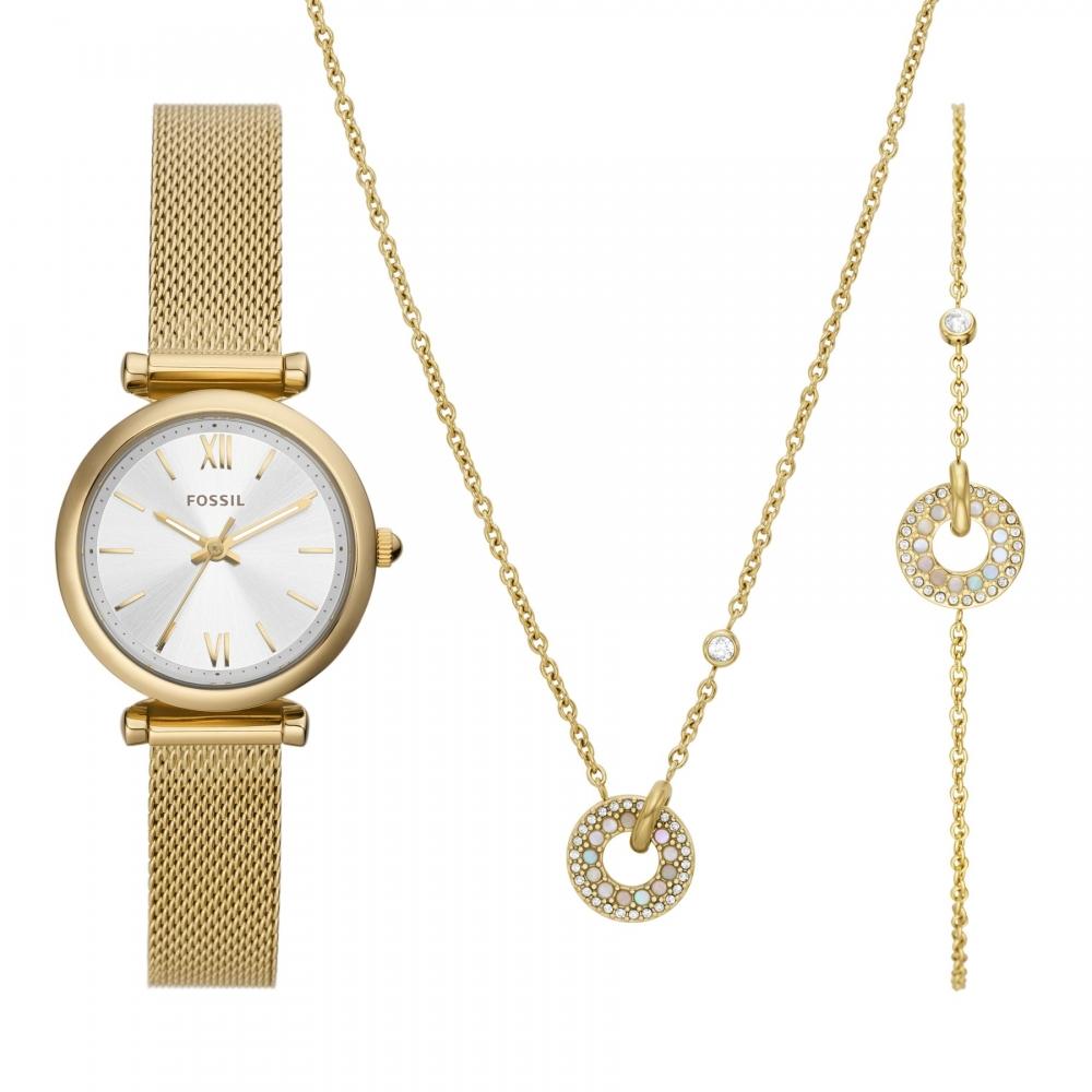 Fossil Women s Carlie Three-Hand, Gold-Tone Stainless Steel Watch and Jewelry Set
Fossil Women s Carlie Three-Hand, Gold-Tone Stainless Steel Watch and Jewelry Set