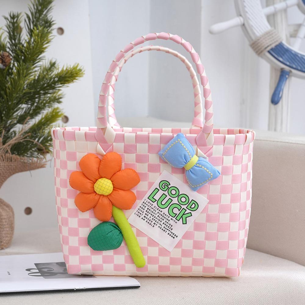 Dopamine Color Women Woven Handbag Grid Design Plastic Weaving Basket Tote Lightweight Flower Decorated Bucket Bag
Dopamine Color Women Woven Handbag Grid Design Plastic Weaving Basket Tote Lightweight Flower Decorated Bucket Bag