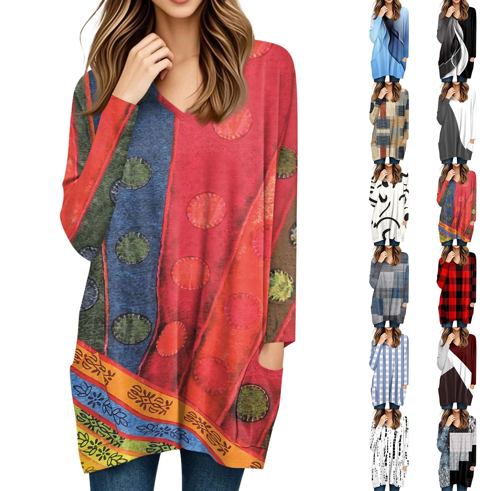 Womens Tops V-neck Long Sleeve Blouses Casual Mid-length Shirts Fashion Print Tunic Tops With Pockets S
Womens Tops V-neck Long Sleeve Blouses Casual Mid-length Shirts Fashion Print Tunic Tops With Pockets S