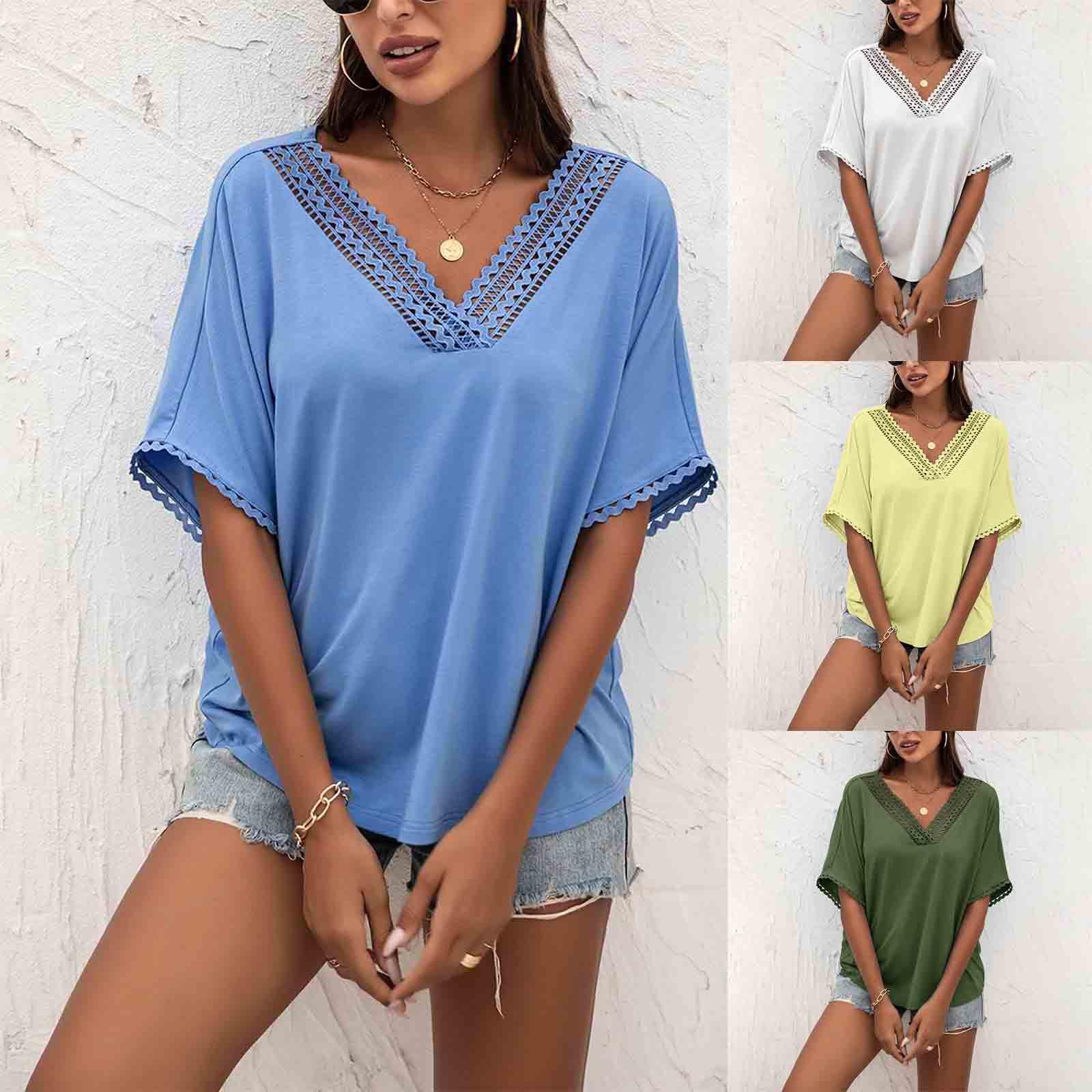 Summer Women s V Neck Hollow Decorative Lace Cuffs Solid Color Short Sleeve Loose Casual T-Shirt
Summer Women s V Neck Hollow Decorative Lace Cuffs Solid Color Short Sleeve Loose Casual T-Shirt