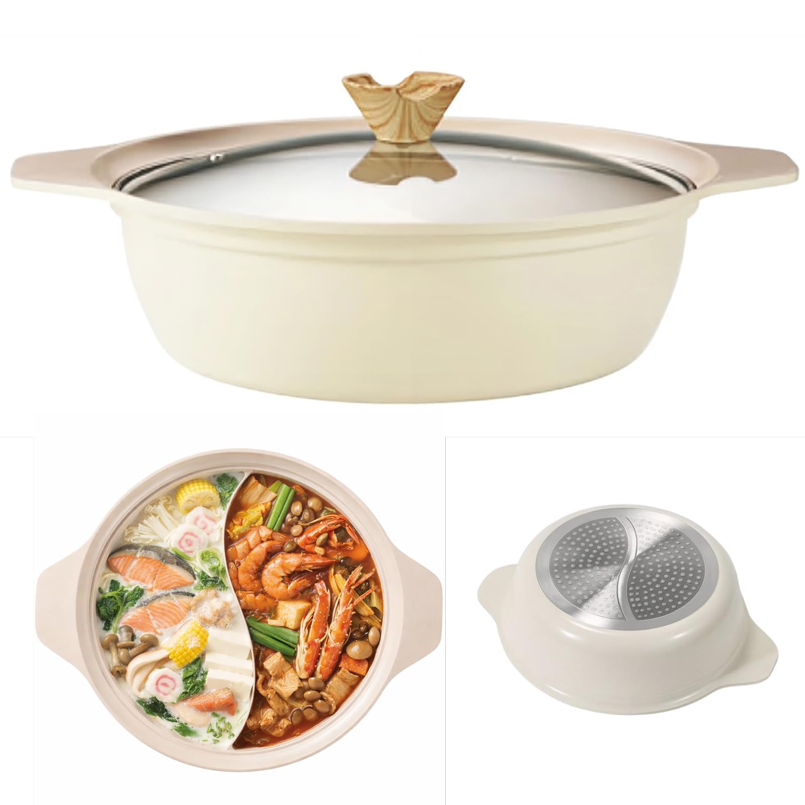 Tabletop Divided Pot, Approx. 28cm, 3-5 Person Capacity, Double-Handled Pot, Two-Compartment Pot, Gas and Induction Cooktop Compatible, Glass Lid, Lig
Tabletop Divided Pot, Approx. 28cm, 3-5 Person Capacity, Double-Handled Pot, Two-Compartment Pot, Gas and Induction Cooktop Compatible, Glass Lid, Lig