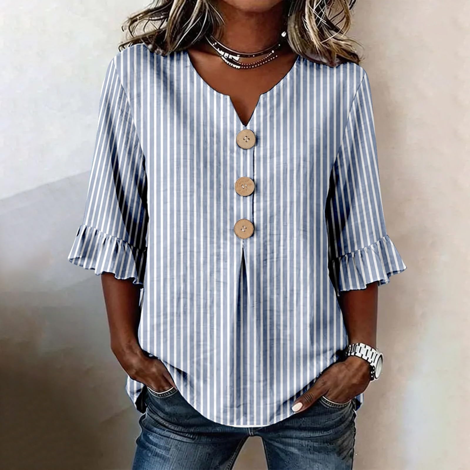 Women s Casual V Neck Button Front Blouse Loose Fit Ruffle Sleeve Top Striped Pattern Lightweight Fabric for Everyday Wear L
Women s Casual V Neck Button Front Blouse Loose Fit Ruffle Sleeve Top Striped Pattern Lightweight Fabric for Everyday Wear L