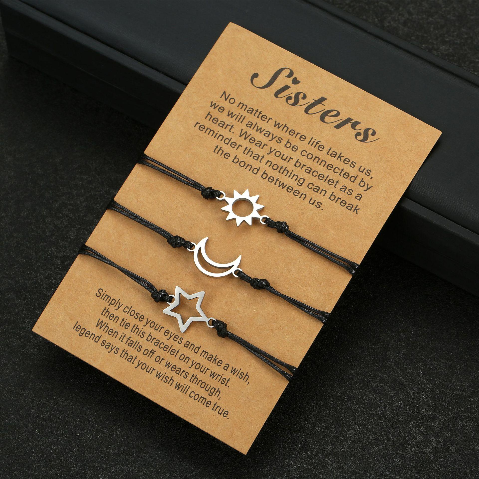 New friendship card bracelet, European and American personalized sun and moon star wax rope woven bracelet 3-piece set
New friendship card bracelet, European and American personalized sun and moon star wax rope woven bracelet 3-piece set
