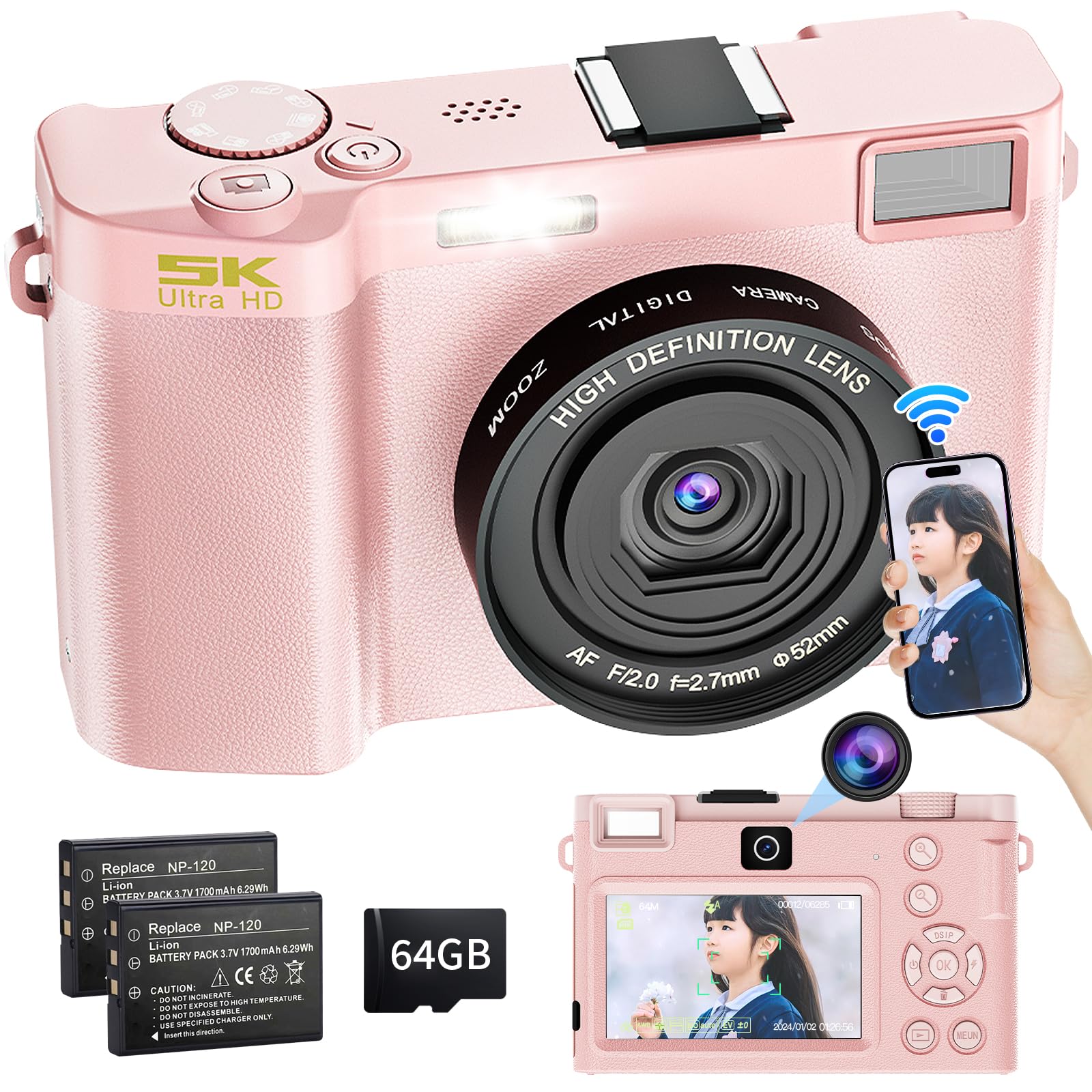 Moledro 5K Digital Camera with 64MP Dual 64GB Micro SD 18x Digital Image Webcam for Large Two Portable and Lightweight Wi-Fi Transfer, Lens, Card, рожевий
Moledro 5K Digital Camera with 64MP Dual 64GB Micro SD 18x Digital Image Webcam for Large Two Portable and Lightweight Wi-Fi Transfer, Lens, Card, рожевий