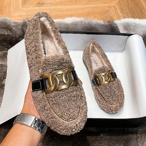 Мода 2025 Бренд Металлическая Цепь Овечья Шерсть Мокасины Женские Флис Кроссовки Зимняя Обувь Женские Теплые Шерстяные Лоферы Большой Размер Меховые Балетки Женские 5