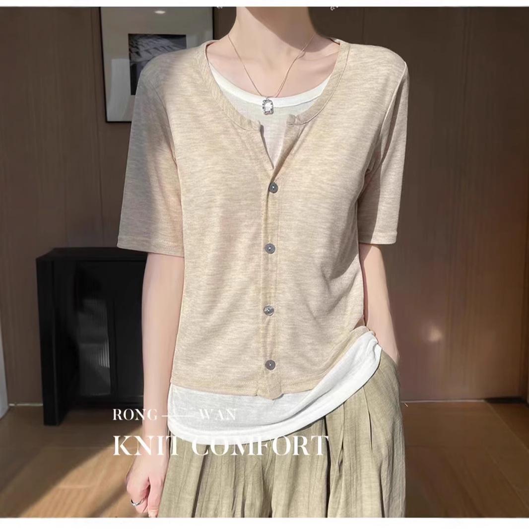 Summer Colorblock Knitted Short Sleeve Cardigan T-Shirt - Women s Versatile Round Neck Top M
Summer Colorblock Knitted Short Sleeve Cardigan T-Shirt - Women s Versatile Round Neck Top M