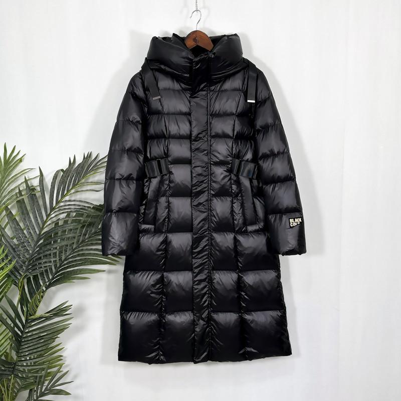 Зимняя новая женская куртка из черного и золотого гусиного пуха средней длины до колена с капюшоном, приталенная, модная, более толстая S чёрный