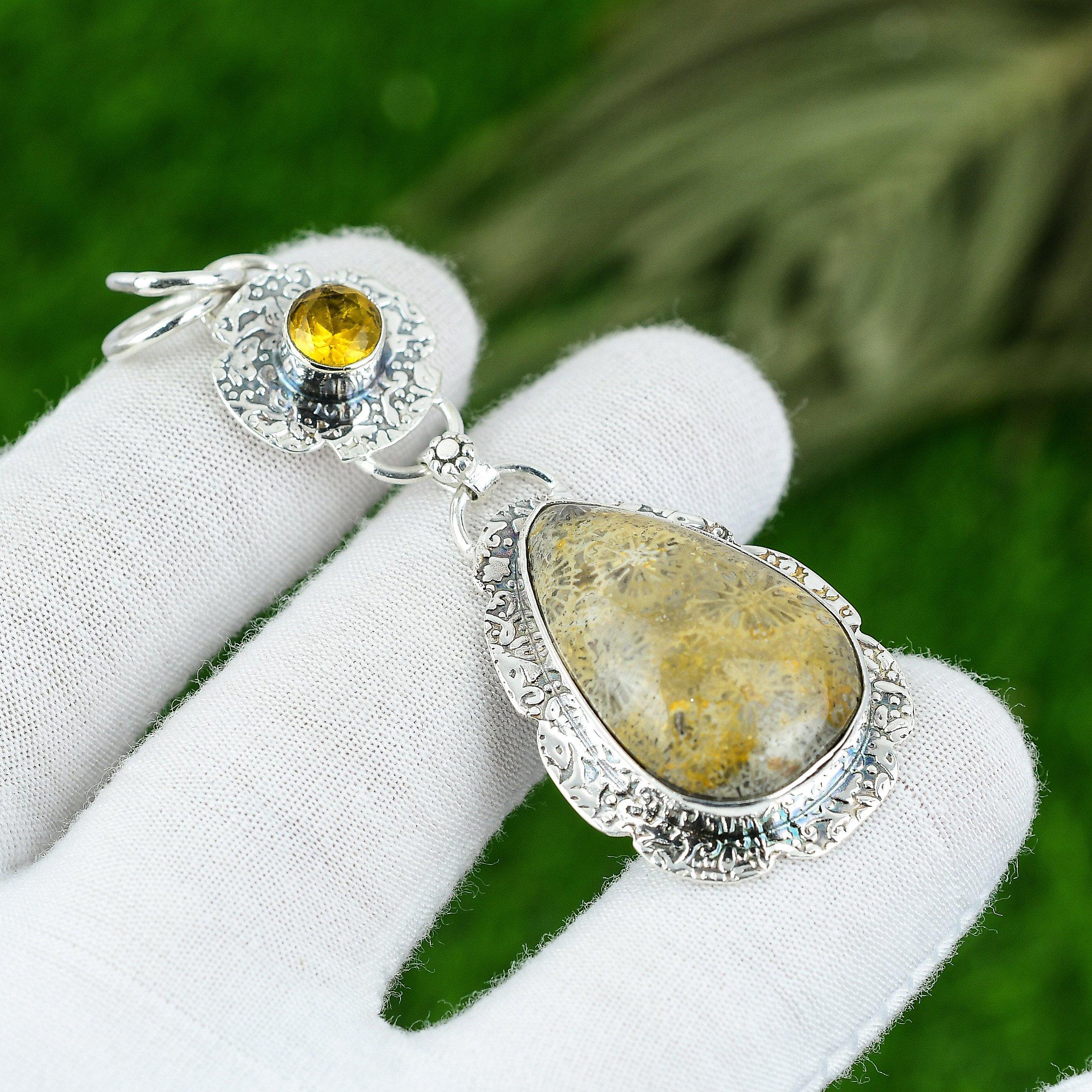 Natural Fossil Coral Gemstone Pendant Yellow 925 Sterling Silver Indian Jewelry
Natural Fossil Coral Gemstone Pendant Yellow 925 Sterling Silver Indian Jewelry