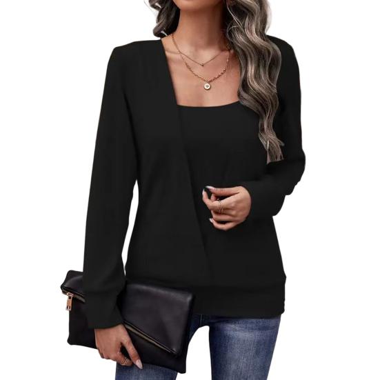 Women Blouse Square Collar Long Sleeve Fake Two-Piece Design Pullover Tops Solid Color Loose Fit Autumn T-shirt S
Women Blouse Square Collar Long Sleeve Fake Two-Piece Design Pullover Tops Solid Color Loose Fit Autumn T-shirt S