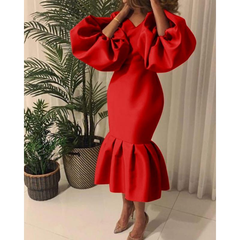 YYFS Женская мода весна-осень Длинные рукава Высокая талия V-образный вырез Коктейльные и вечерние платья S красный