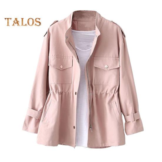 Осенне-зимняя женская куртка с воротником-стойкой, нагрудными карманами, застежкой-молнией, узкая талия, однотонная, средней длины, для путешествий, шопинга, поездок на работу M