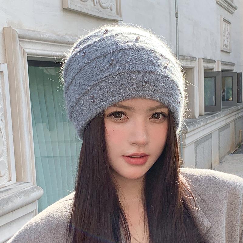 Женская шапка из кроличьего меха и шерсти, новая, свободная, теплая, с защитой ушей, шапка-пуловер, вязаная шапка, на осень и зиму one size