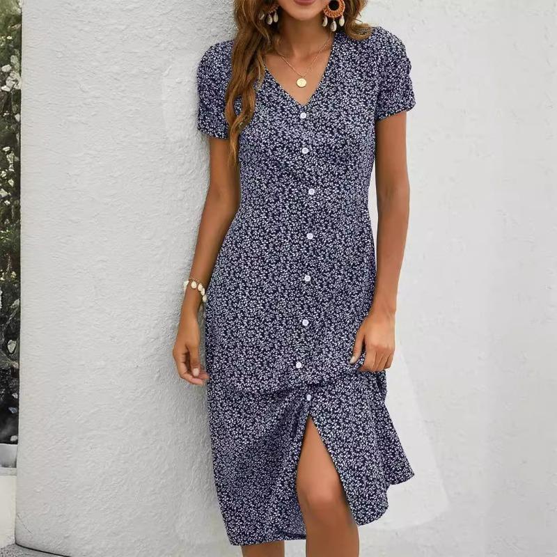 Spring and summer new single-breasted V-neck floral mid-length ladies elegant dress S темно-синього кольору
Spring and summer new single-breasted V-neck floral mid-length ladies elegant dress S темно-синього кольору