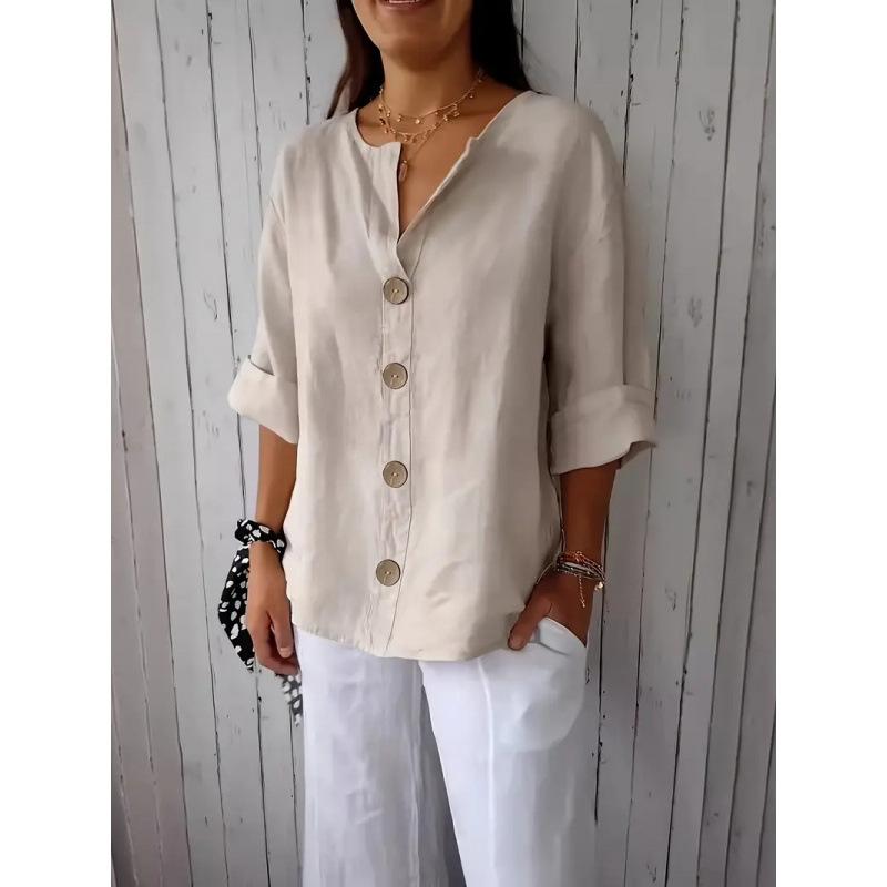 European American New Summer Loose T-shirts for Women V-neck Cotton Linen Button Tops S абрикосовий
European American New Summer Loose T-shirts for Women V-neck Cotton Linen Button Tops S абрикосовий