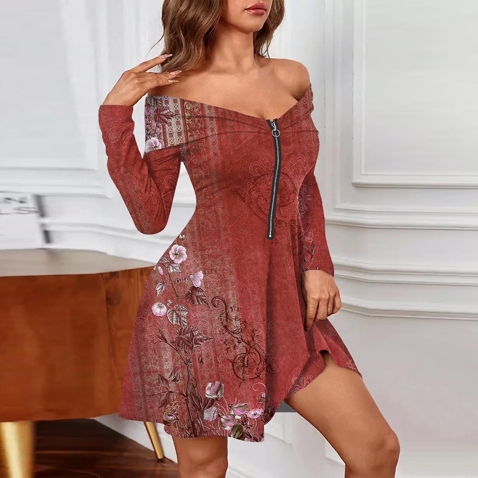 Женские повседневные модные платья с длинным рукавом и цветочным принтом на молнии, сексуальные платья с открытыми плечами XXL красный