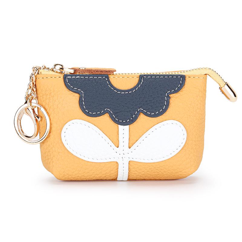 Креативный кошелек для монет из коровьей кожи, Япония и Корея: Брелок из натуральной кожи, держатель для карт с мини-дизайном «Цветок в стиле колор-блок»