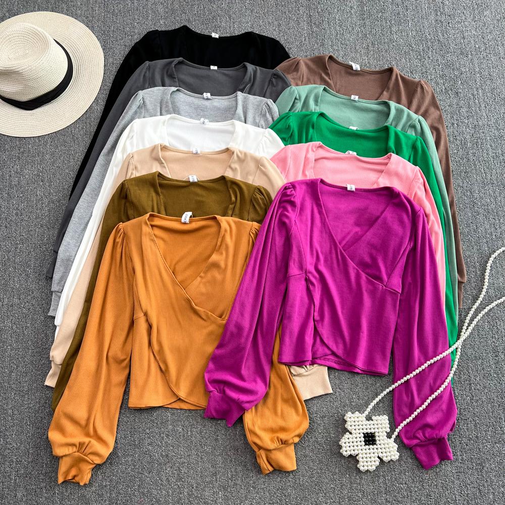 Осенняя новая корейская версия, сексуальная футболка с v-образным вырезом и круглым вырезом, облегающая футболка с длинными рукавами и пузырьками