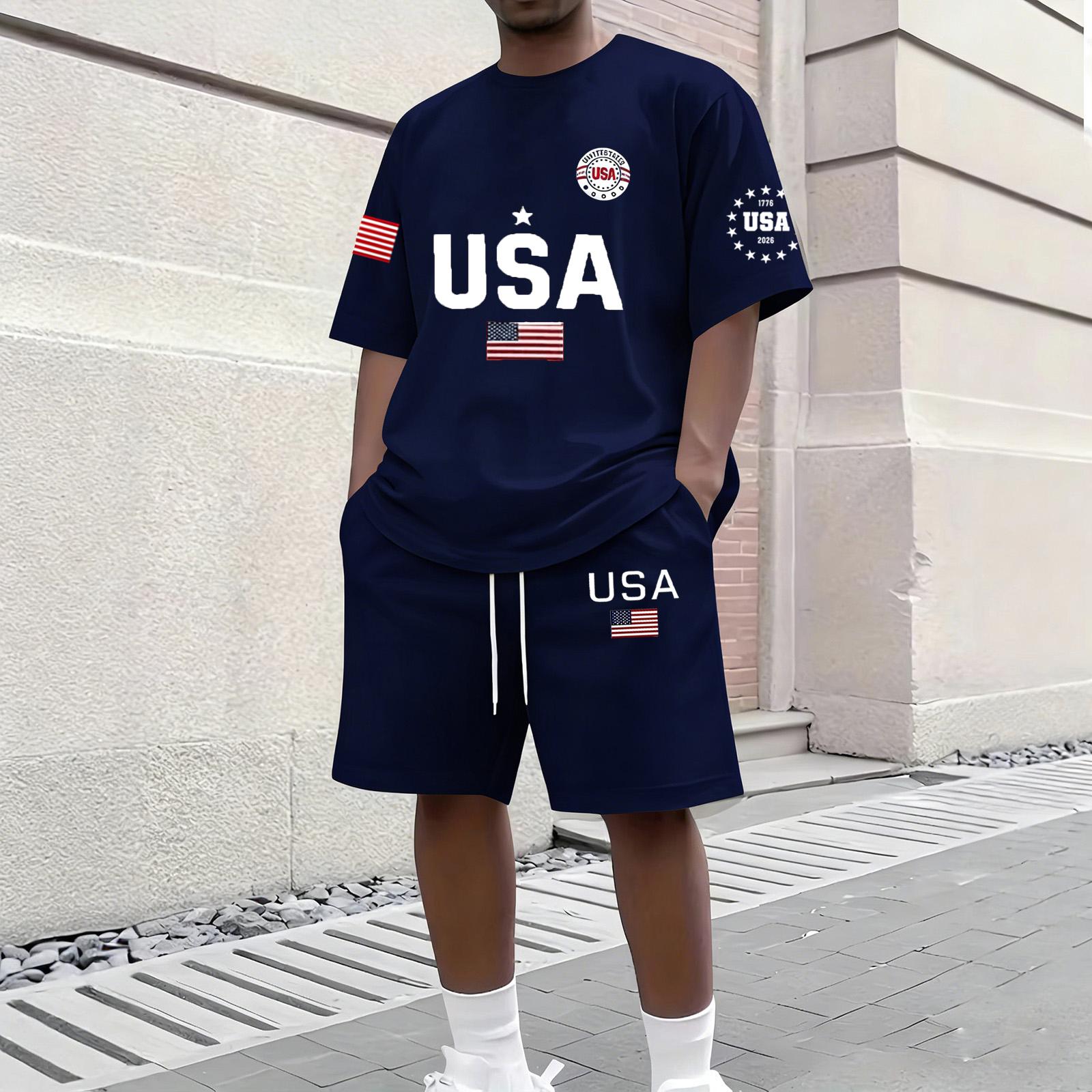 Men s Casual Short Sleeve T-Shirt and Shorts Set Round Neck Top with Flag Print Lightweight Summer Outfit for Outdoor Activities XXXXL синій
Men s Casual Short Sleeve T-Shirt and Shorts Set Round Neck Top with Flag Print Lightweight Summer Outfit for Outdoor Activities XXXXL синій