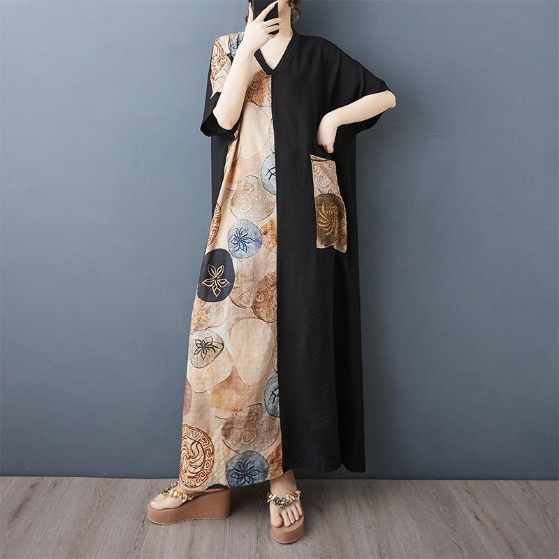 A Summer Thin Cotton and Linen Dress with A V-neck Short Sleeves and Contrasting Color Patchwork for A Slimming Look L
A Summer Thin Cotton and Linen Dress with A V-neck Short Sleeves and Contrasting Color Patchwork for A Slimming Look L