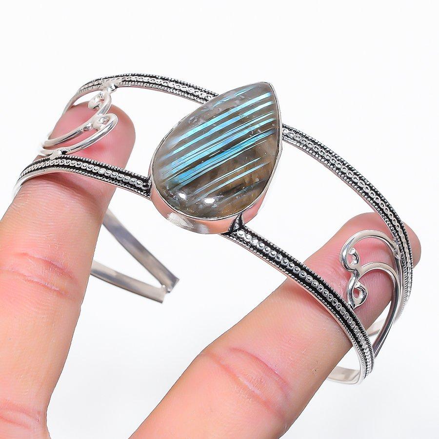 Natural Labradorite Gemstone 925 Sterling Silver Cuff Bangle Adjustable o1H04
Natural Labradorite Gemstone 925 Sterling Silver Cuff Bangle Adjustable o1H04