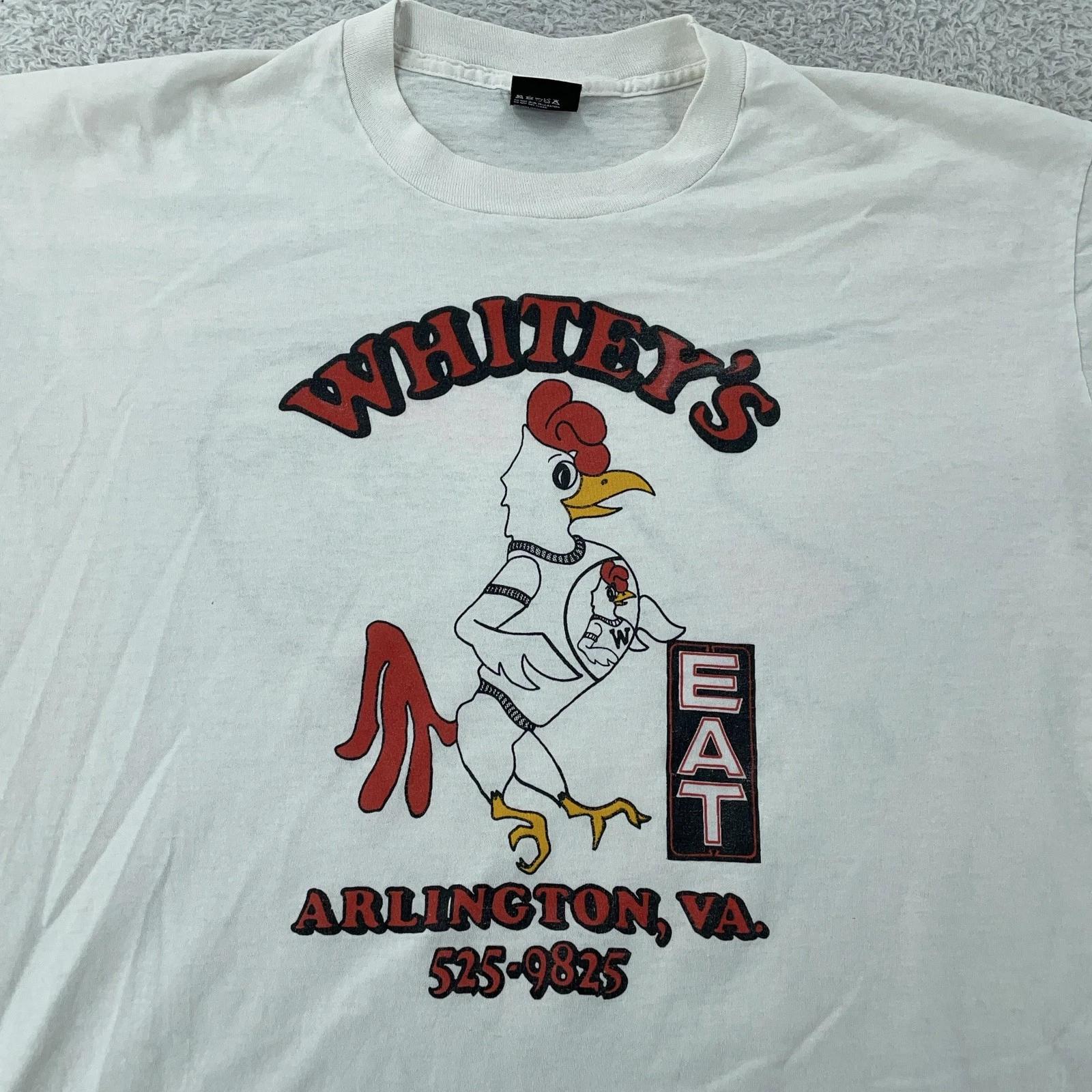 Vtg Whitey s Arlington Virginia Restaurant Shirt XL Eat Go To Your Room Chicken M
Vtg Whitey s Arlington Virginia Restaurant Shirt XL Eat Go To Your Room Chicken M