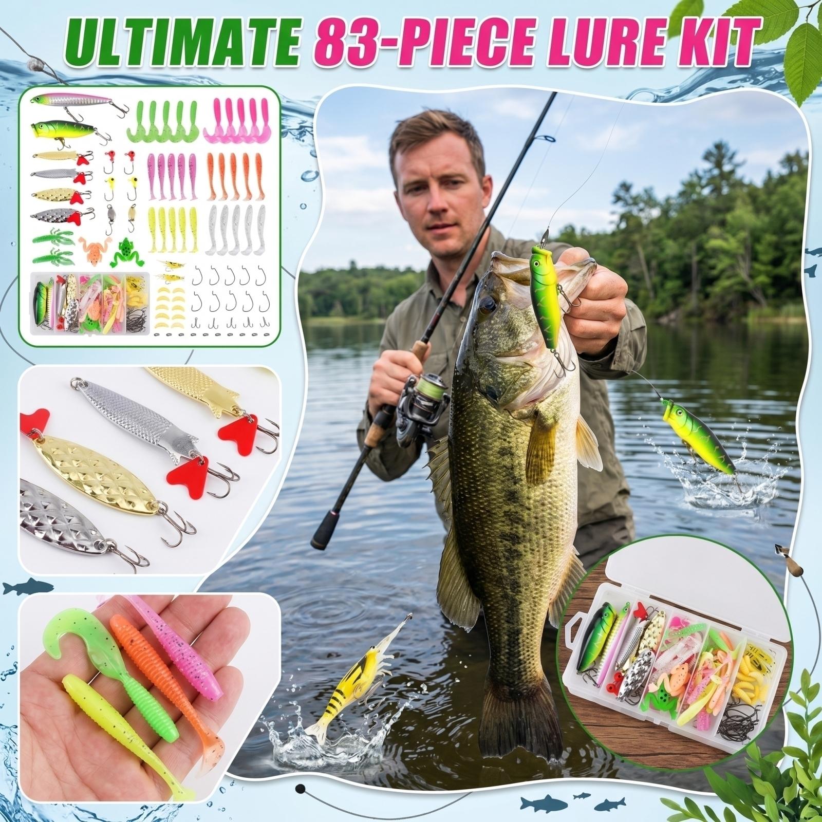 83PCS Fishing Lure Set Bionic Soft Baits Hard Baits Metal Spoons Hooks Swimbaits for Freshwater Saltwater Fishing Tackle Kit one size
83PCS Fishing Lure Set Bionic Soft Baits Hard Baits Metal Spoons Hooks Swimbaits for Freshwater Saltwater Fishing Tackle Kit one size