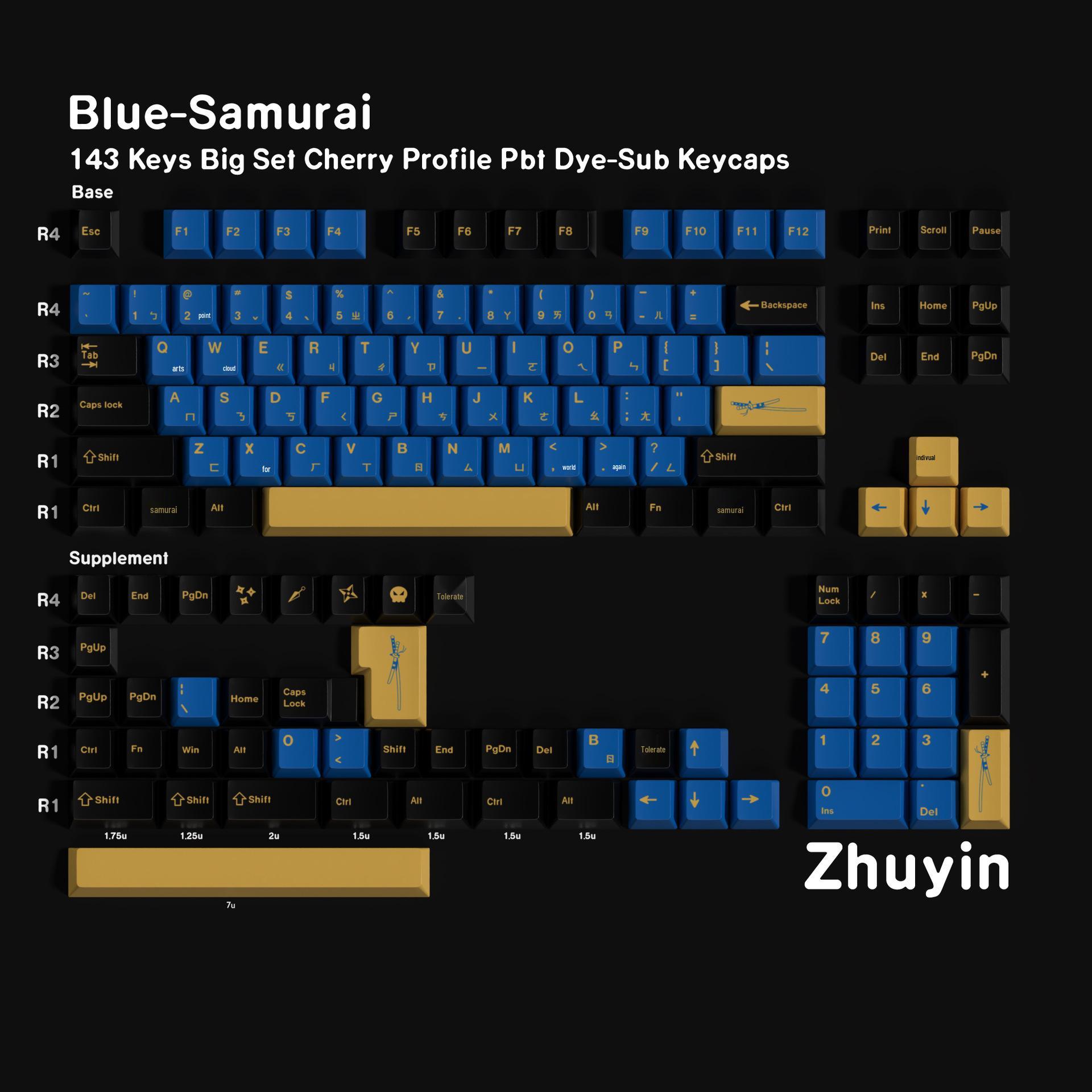 Original Blue Samurai Keycaps: German, French, Spanish, Korean, Japanese Phonetic, Cangjie, GMK, Five-Sided Dye-Sublimation
Original Blue Samurai Keycaps: German, French, Spanish, Korean, Japanese Phonetic, Cangjie, GMK, Five-Sided Dye-Sublimation