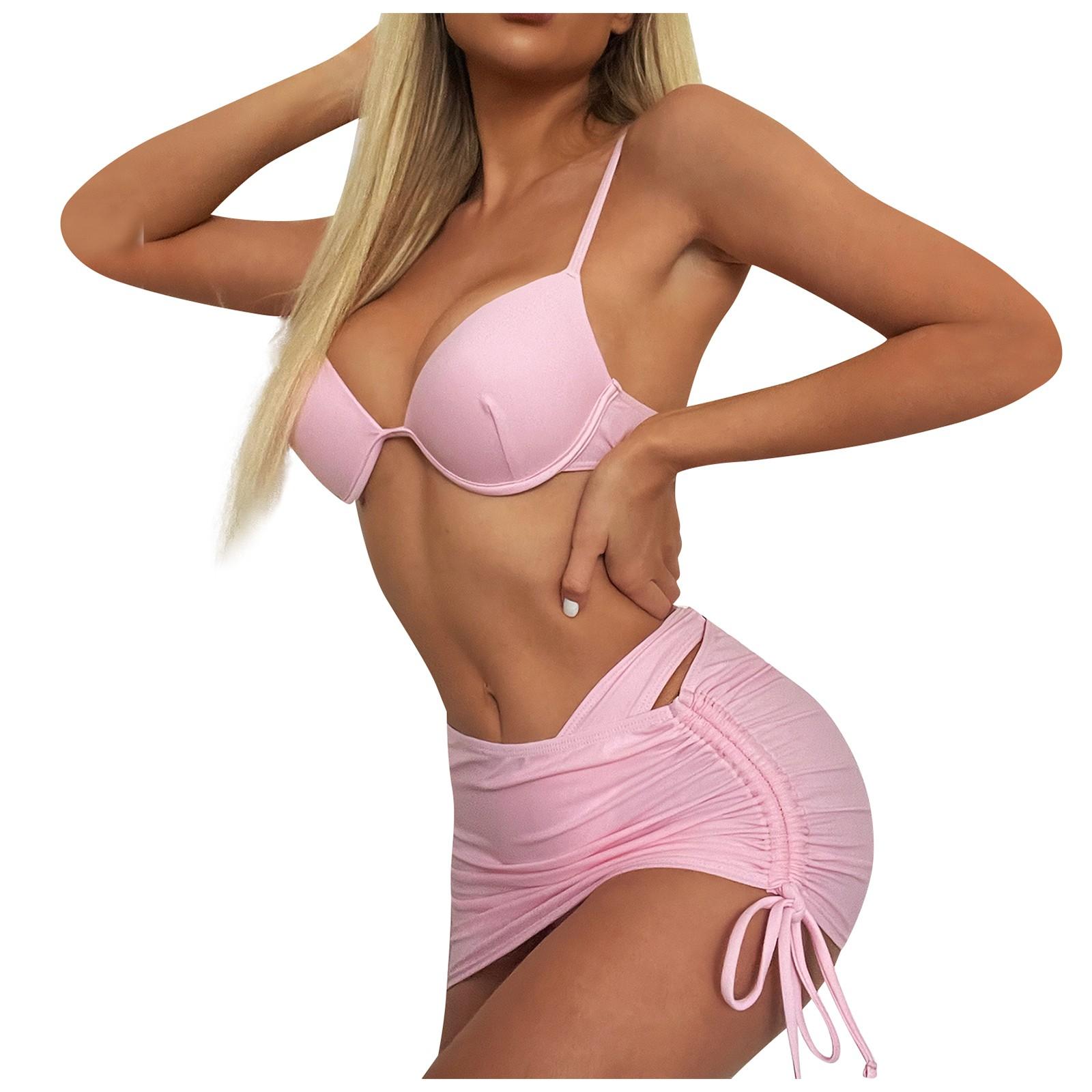 Женский сексуальный однотонный купальник из трех частей, купальник с пуш-ап, бикини S розовый