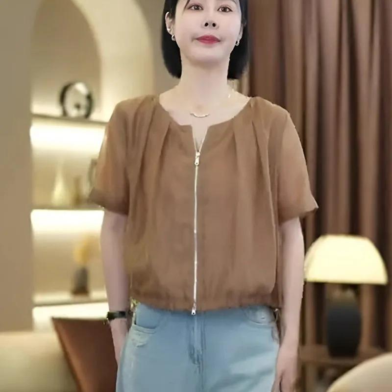Women Black Textured Double Zip Short Sleeve Blouse Casual Loose Top L хакі
Women Black Textured Double Zip Short Sleeve Blouse Casual Loose Top L хакі