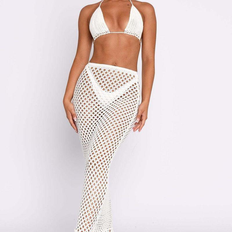 2024 Лето Новое поступление Лето Осень Европейская и американская женская одежда Бикини Сексуальный Прозрачный Вырез Юбка Вязаный костюм White S
