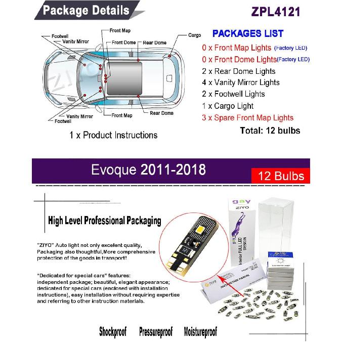 ZIYO LED Interior Light Kit for Land Rover Range Rover Evoque 2011-2016 Dome Light Bulbs Replacement Package, 6000K Xenon White LED Lights
ZIYO LED Interior Light Kit for Land Rover Range Rover Evoque 2011-2016 Dome Light Bulbs Replacement Package, 6000K Xenon White LED Lights